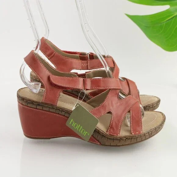 Hotter Womens Mellow Sandals Size 7.5  Red Leather Wedge Heel Strappy Slingback - Picture 8 of 12